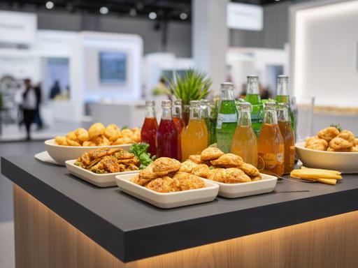 展示会ブースのカウンターに小さな軽食とドリンクを並べ、来場者が立ち寄りやすく整えた様子
