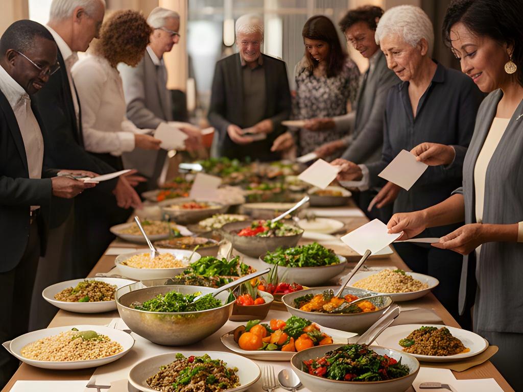 国際交流の食事会で、参加者が料理の表示を見ながら取り分けているテーブル