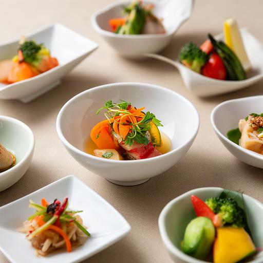 小さな器に盛りつけた前菜と彩り豊かな野菜料理