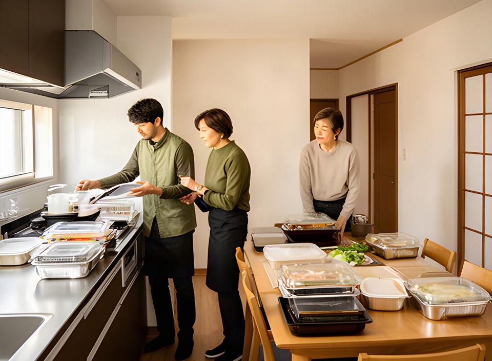 住宅のキッチンカウンターと食卓を使い、料理の搬入や配膳の動線を確認する準備風景