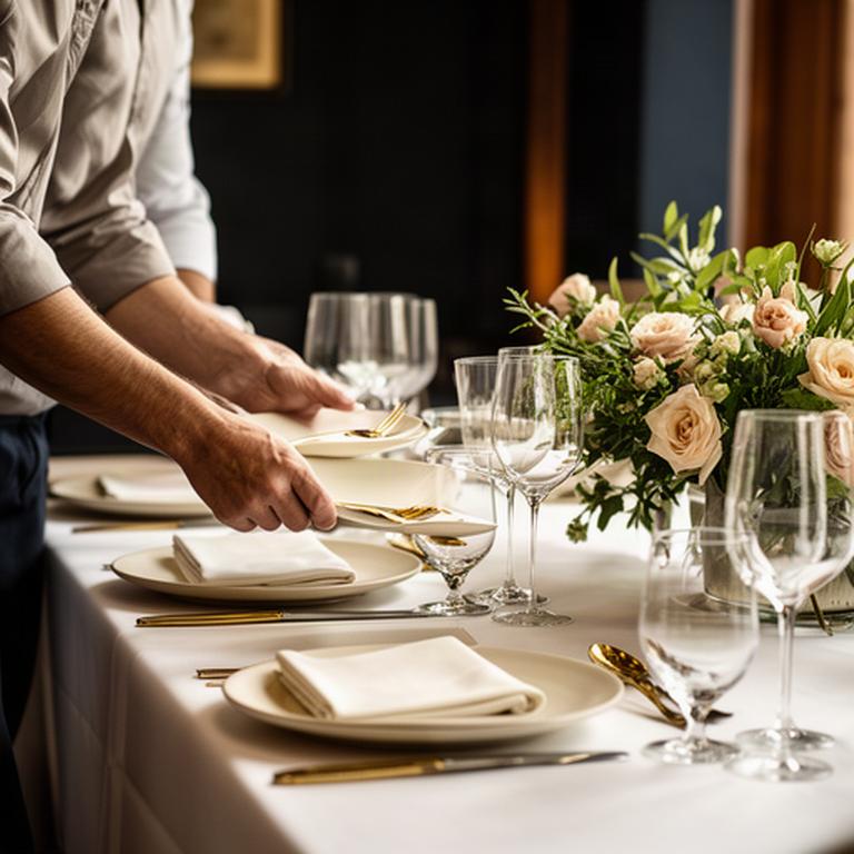 婚礼会食の開始前にスタッフが料理とカトラリーを整えるテーブルセッティング